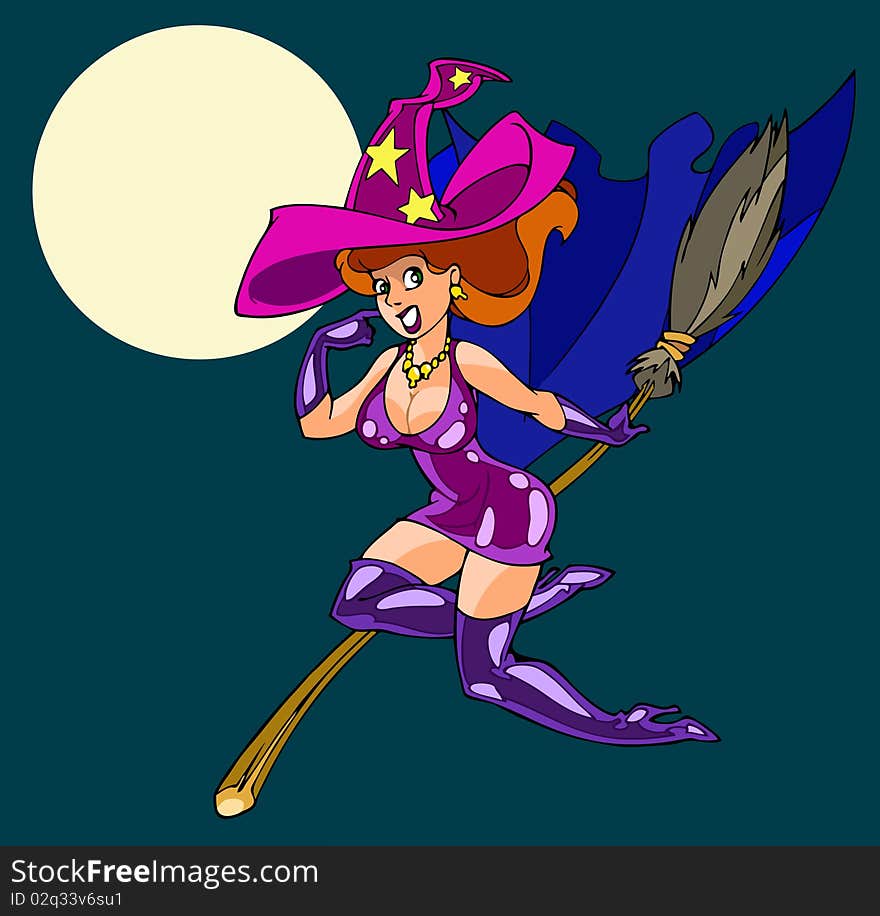 The girl in the image of witches flying on a broomstick at night.