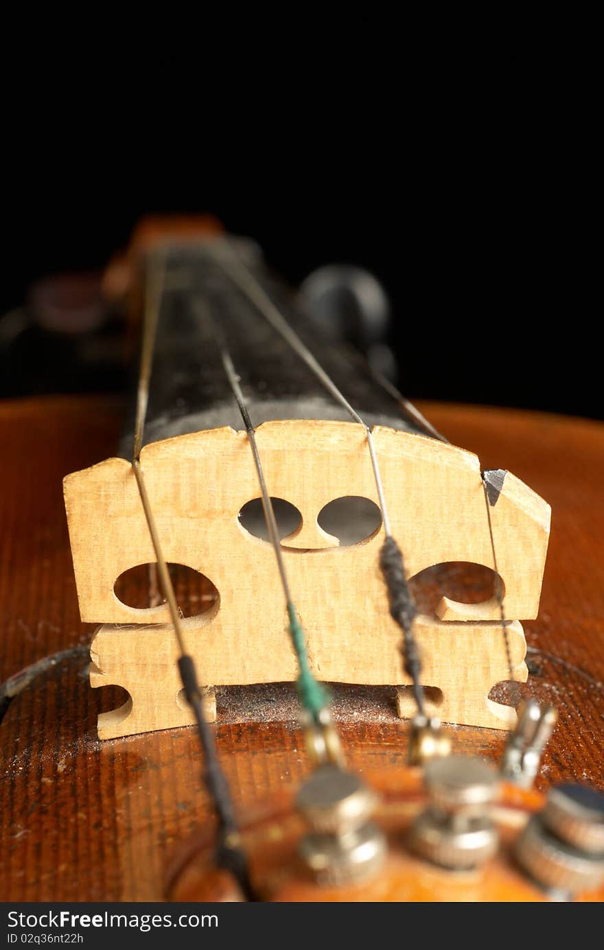 Close up shot of a violin with the bridge in sharp focus. Close up shot of a violin with the bridge in sharp focus