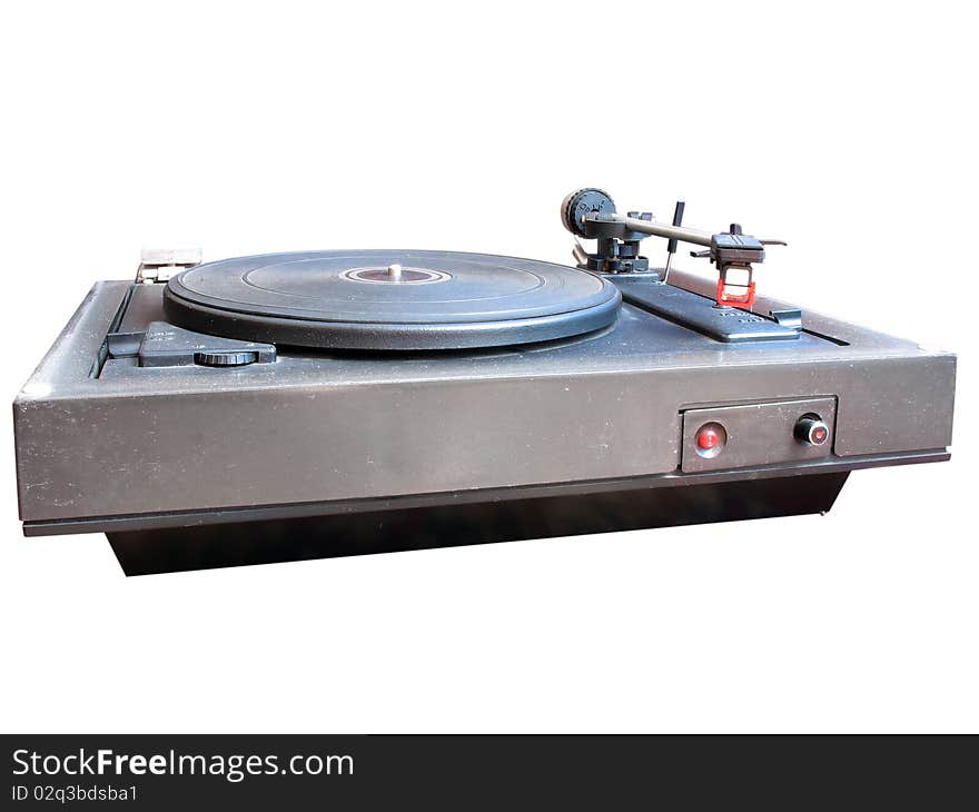 Old dusty vinyl turntable player isolated over white background