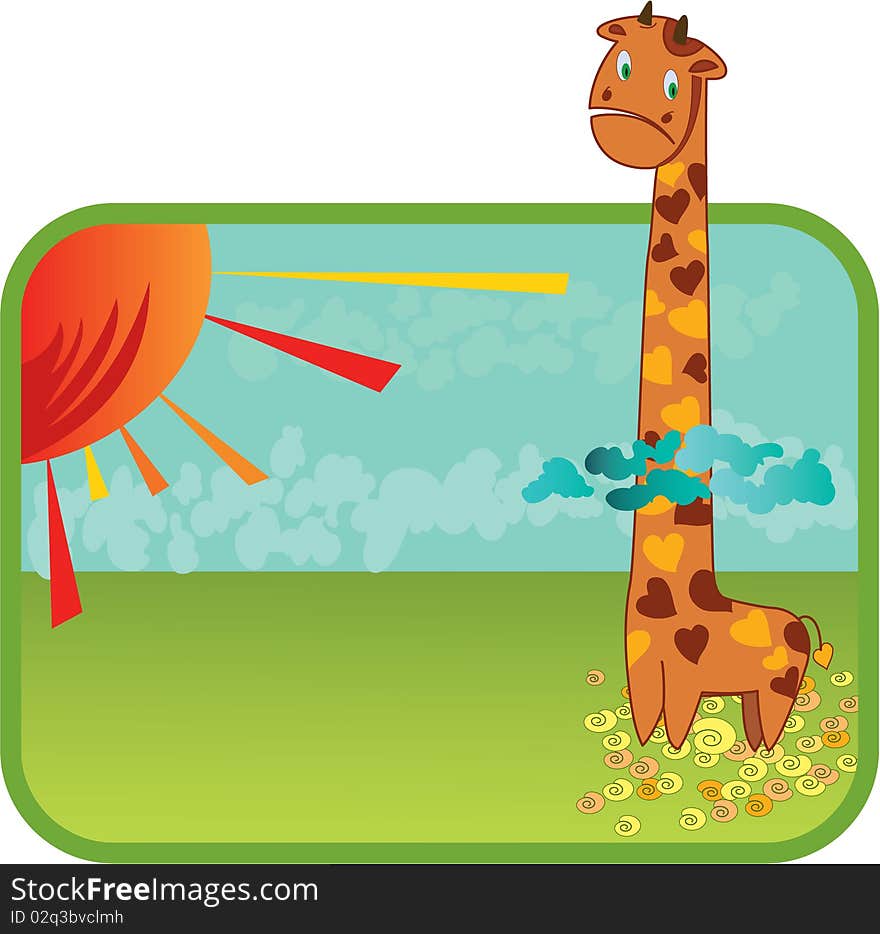 Illustration of a cartoon giraffe on green field with his head above the sun . Illustration of a cartoon giraffe on green field with his head above the sun .