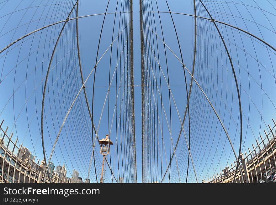 Fisheye shot of brooklyn bridge in new york city