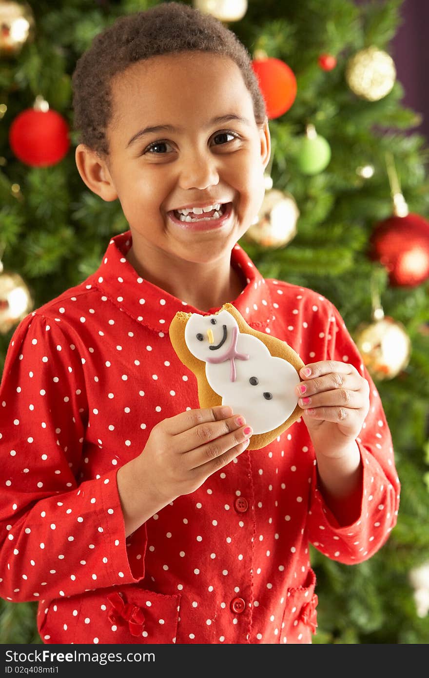 Young Boy Eating Cookie In Front Of Christmas Tree