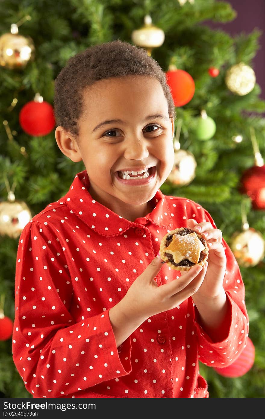 Young Boy Eating Mince Pie In Front Of Christmas Tree