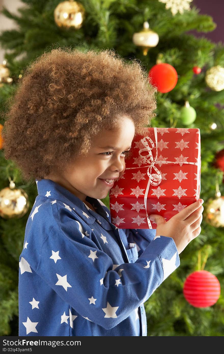 Young Boy Holding Gift In Front Of Christmas Tree