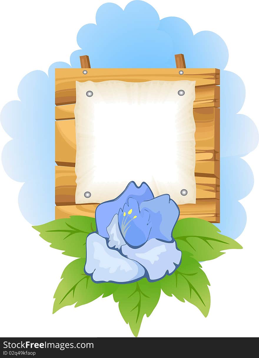 Wooden sign with blue flower