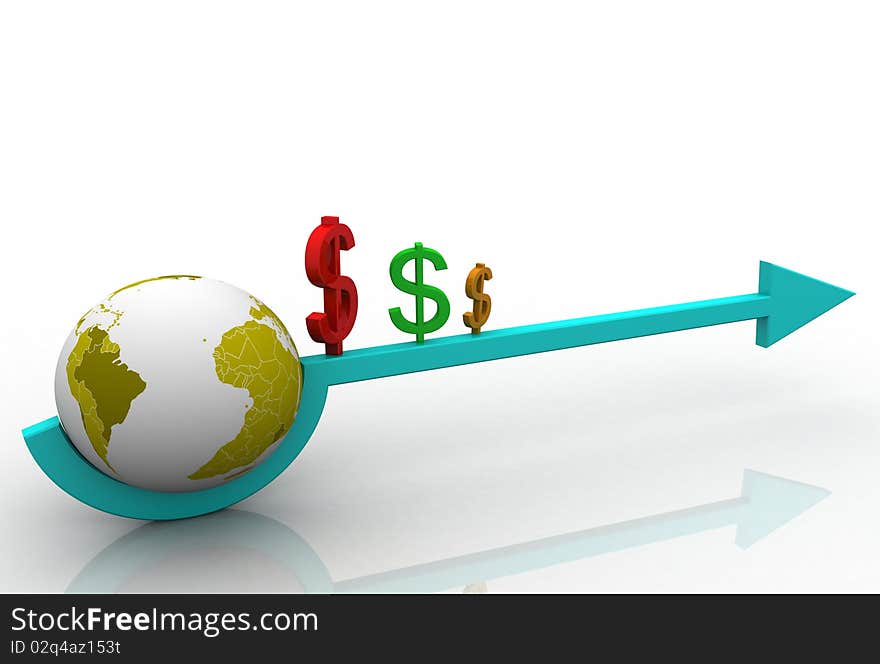 3d graph showing rise in profits or earnings with earth/ illustration on white background