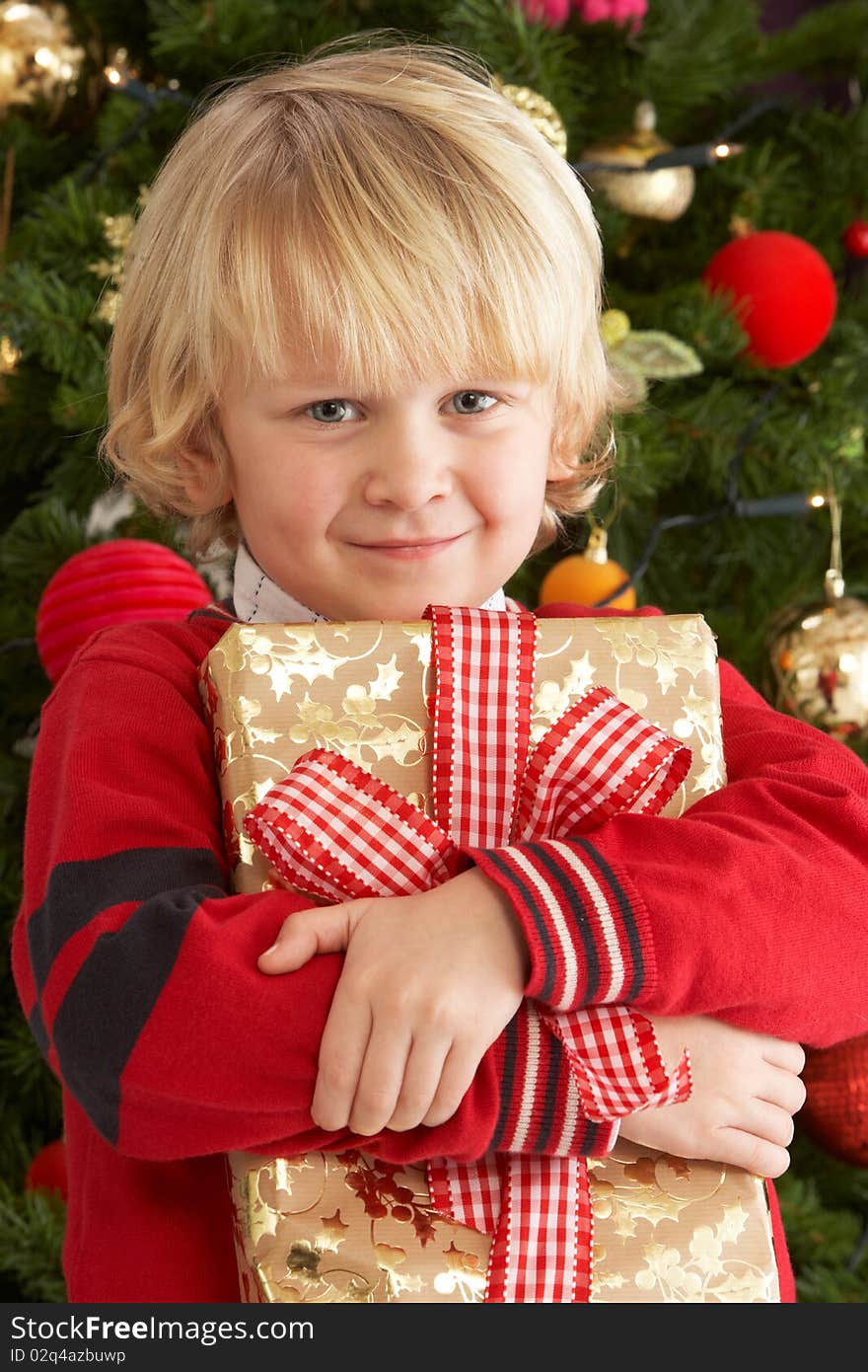 Young Boy Holding Gift In Front Of Christmas Tree Smiling