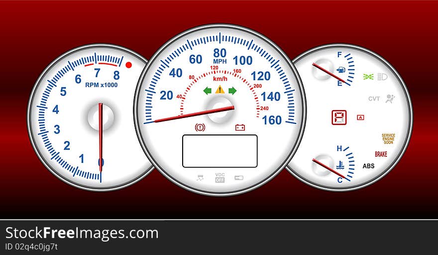 Speedometer and RPM gauge cluster isolated on red background