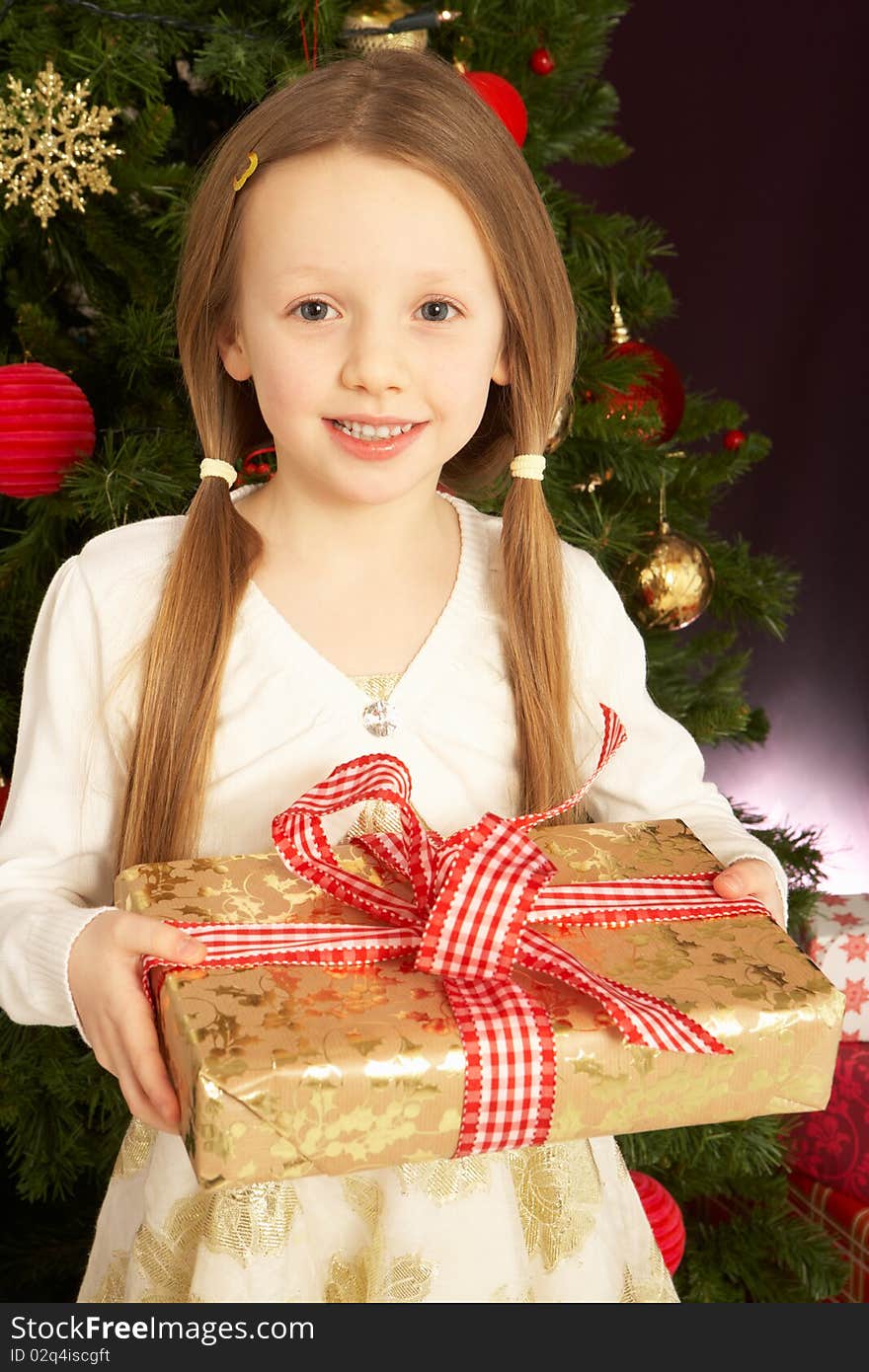 Young Girl Holding Christmas Present In Front Of Christmas Tree. Young Girl Holding Christmas Present In Front Of Christmas Tree