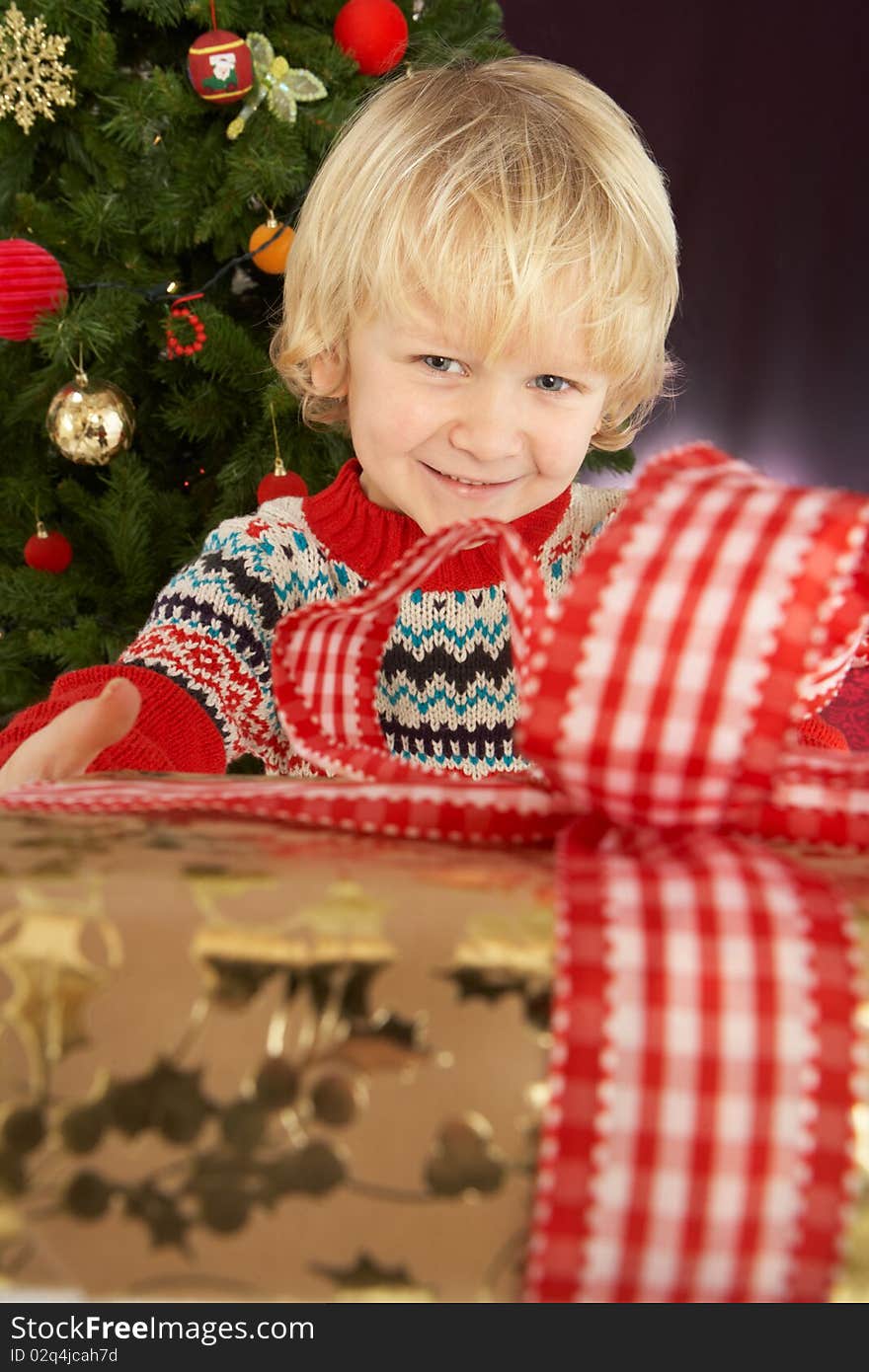 Boy Holding Gift In Front Of Christmas Tree