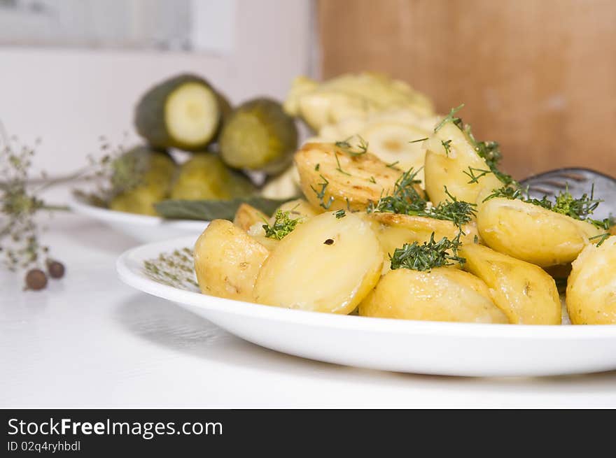 Young Fried Potatoes With Pickles And Patison