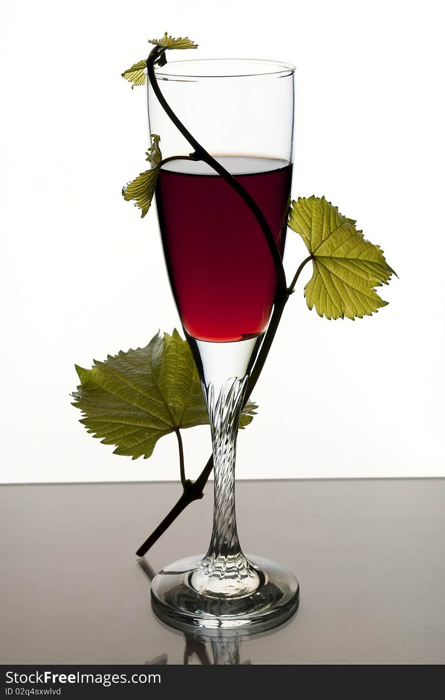 A glass of red wine on a white background and the vine. A glass of red wine on a white background and the vine