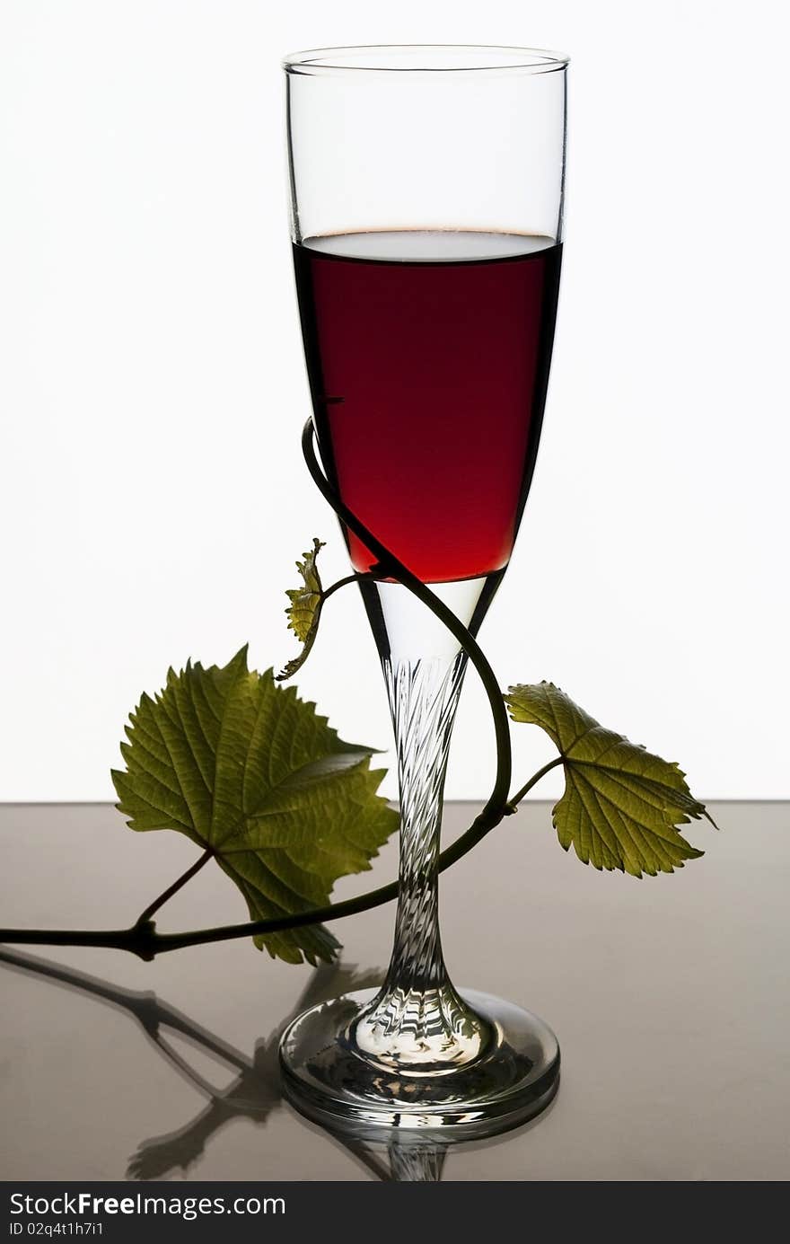 A glass of red wine on a white background and the vine. A glass of red wine on a white background and the vine.