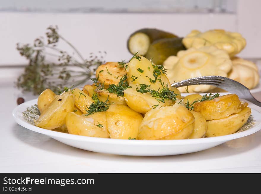 Young Fried Potatoes With Pickles And Patison