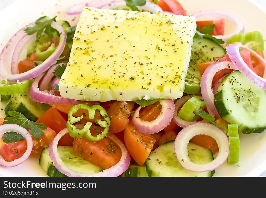 Traditional Greek salad close up.