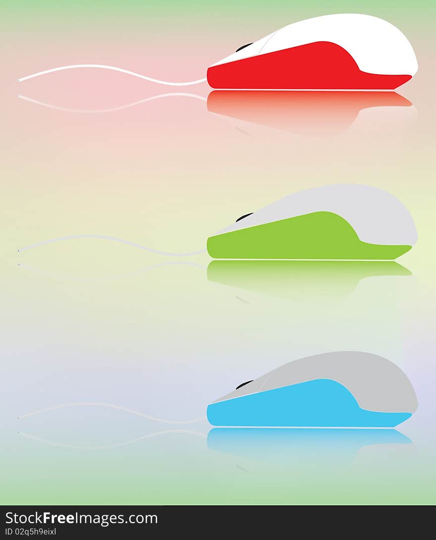 Three multicolored computer mice with a piece of a feeding cord and the bottom illumination are located one under another