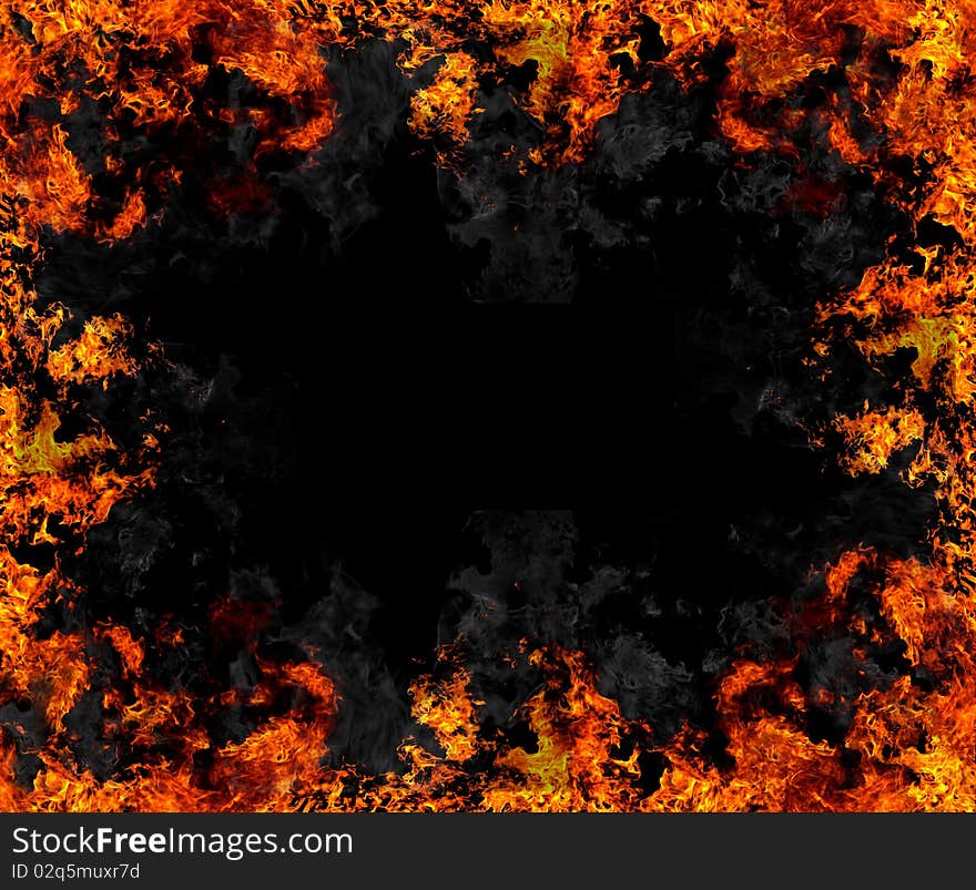 Collage with isolated fire on black background. Collage with isolated fire on black background