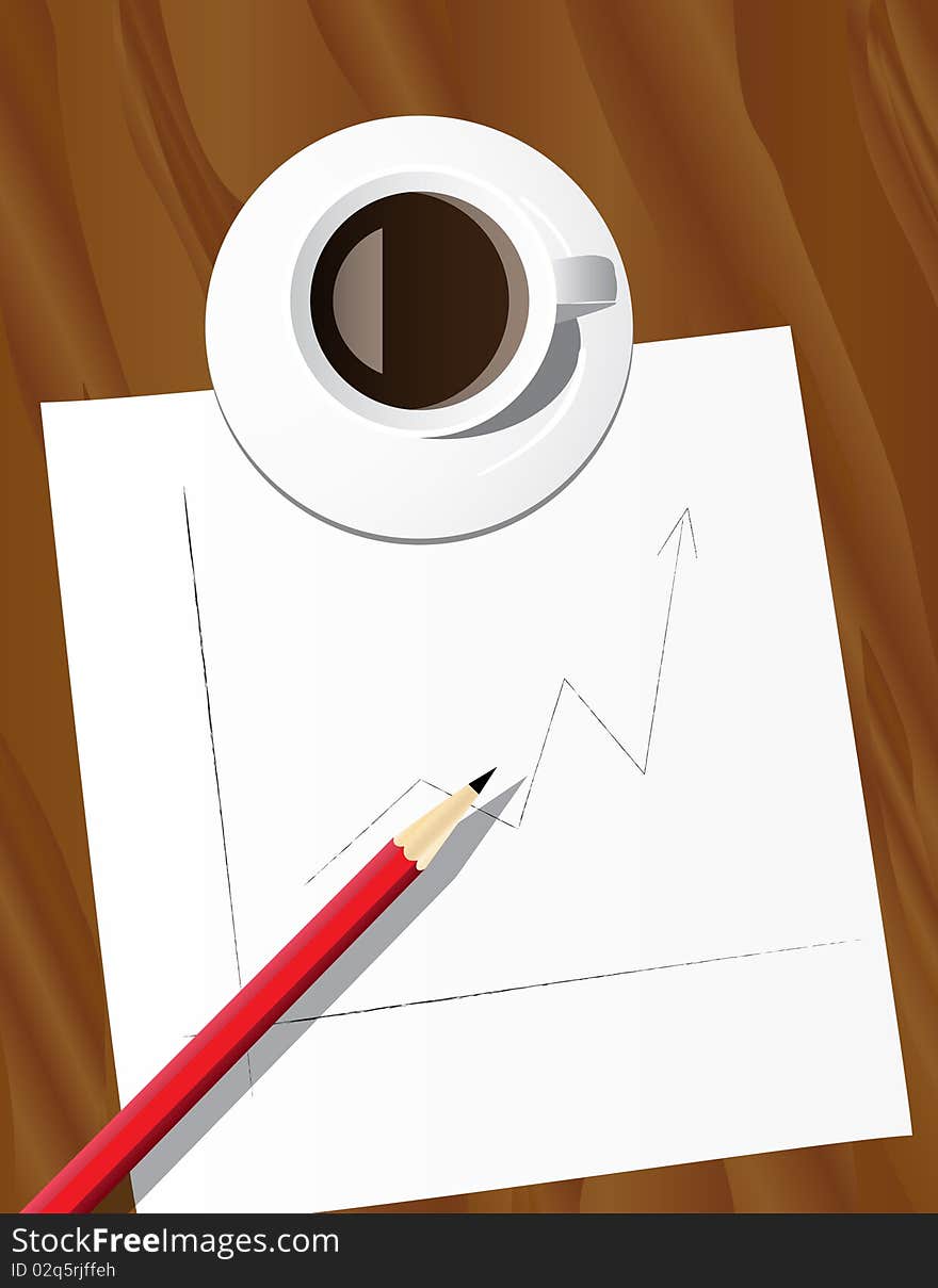 Illustration, featuring a cup, pencil and paper with growing diagram on wooden work table, prepared in Adobe Illustrator CS5. Illustration, featuring a cup, pencil and paper with growing diagram on wooden work table, prepared in Adobe Illustrator CS5