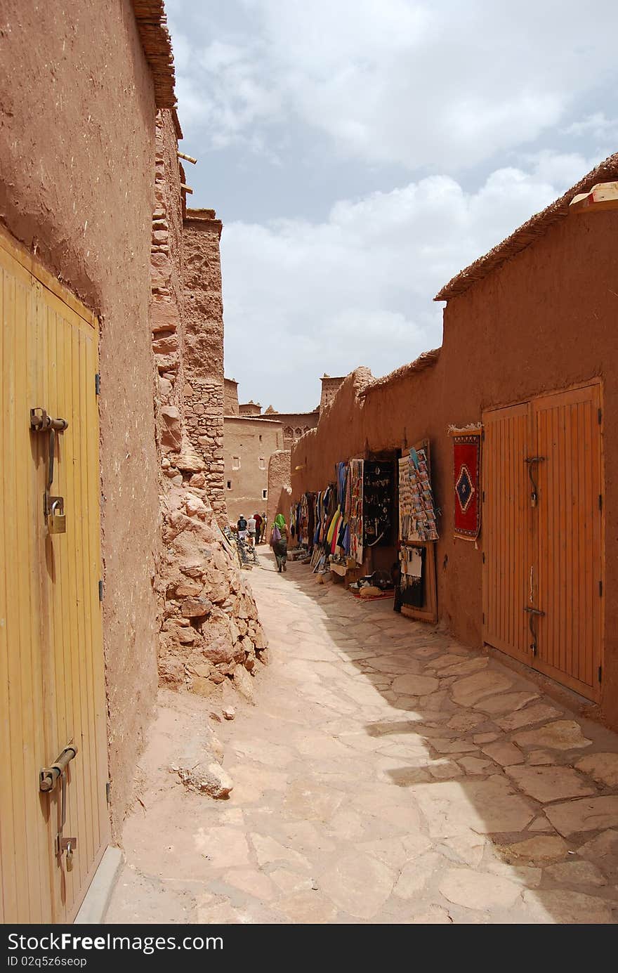 The narrow streets in the old city of Ait Benhaddou in Morocco