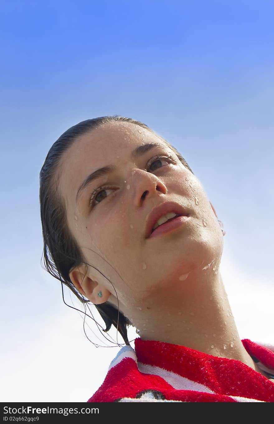 Portrait of girl with her face wet