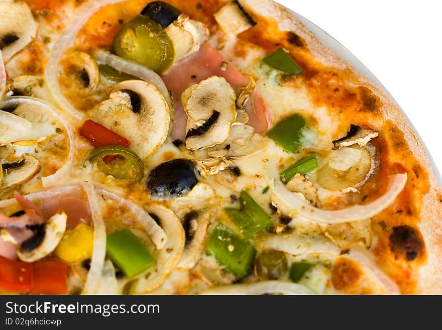 Delicious Pizza salami,mushrooms and vegetable ,Shallow depth-of-field . Isolated on white.