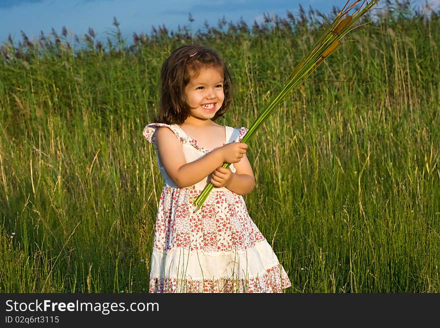 Happy little girl holding in her hands reeds. Happy little girl holding in her hands reeds