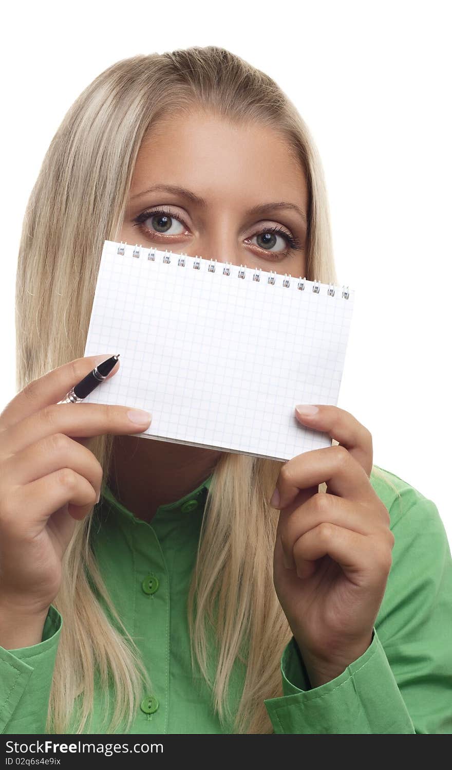 Beautiful woman holding open notebook with blank page