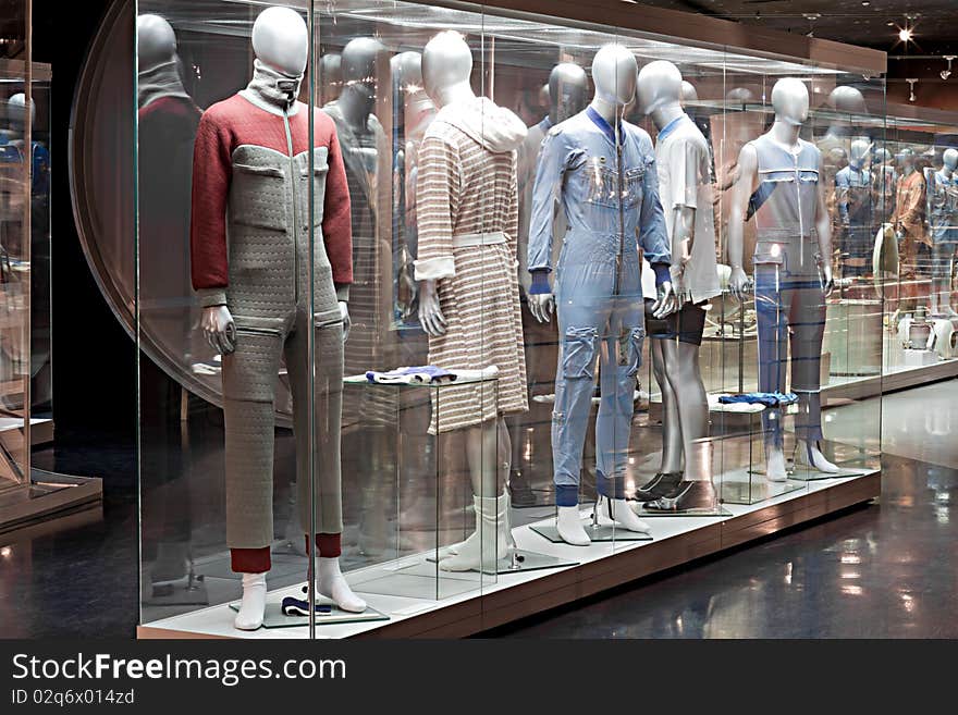 Clothing for the astronauts is shown on mannequins. Clothing for the astronauts is shown on mannequins