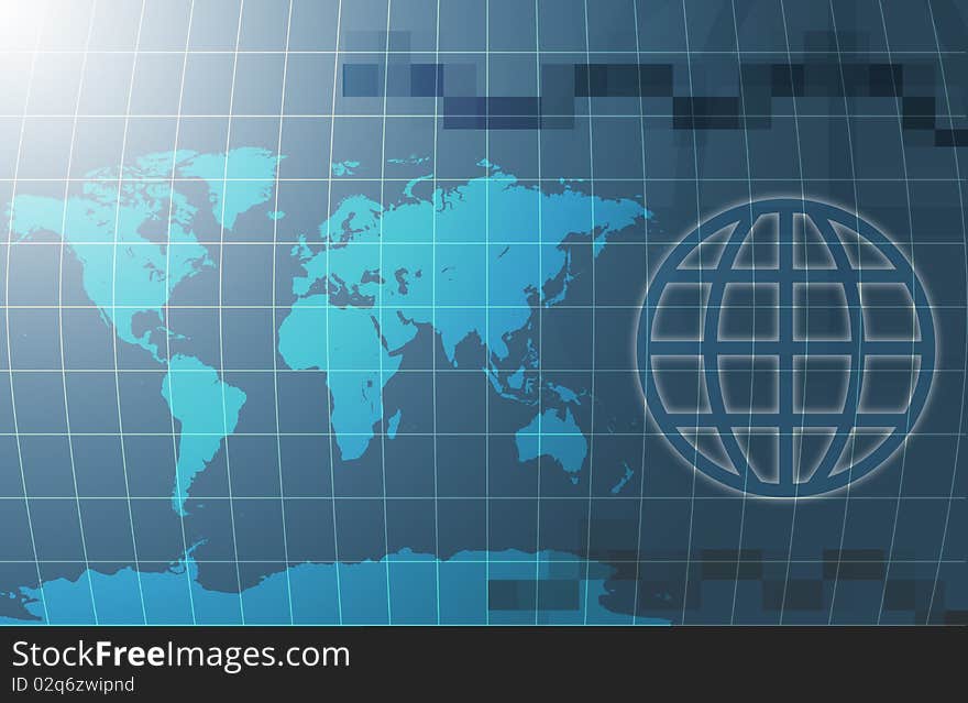 Background design with grid globe and world map. Background design with grid globe and world map