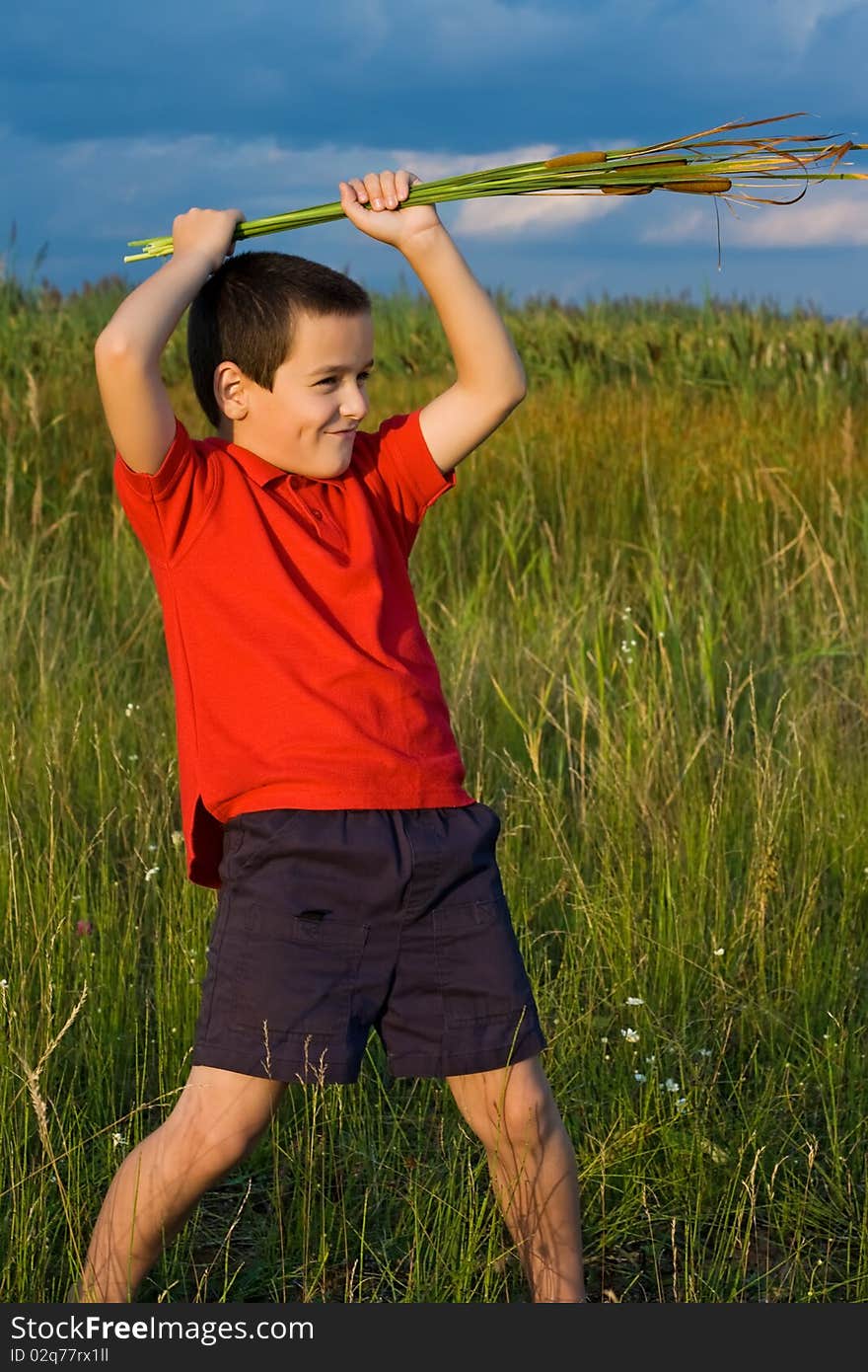 Boy holding reeds