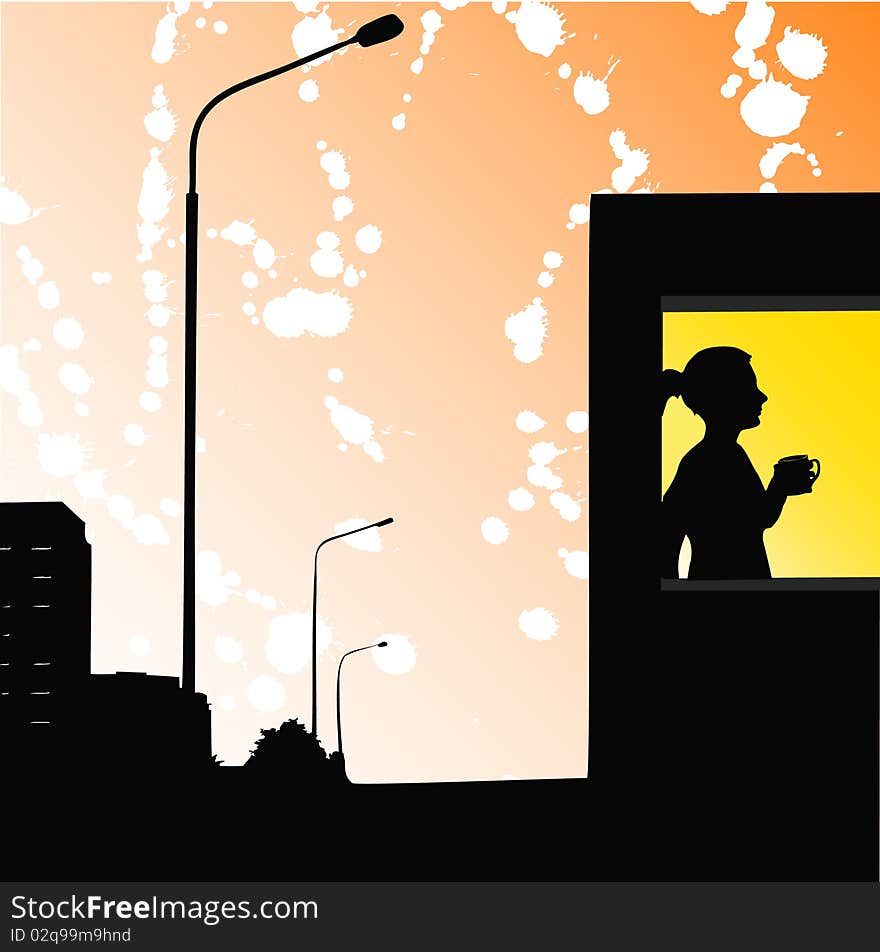 The girl drinking coffee in one of windows of houses of a night city. The girl drinking coffee in one of windows of houses of a night city