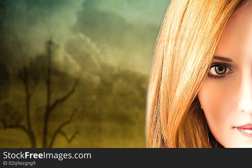 Redhair woman portrait on grunge background