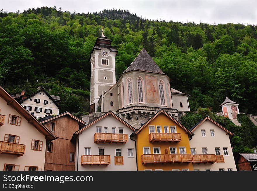 The two famous churches of Hallstatt, UNESCO heritage site, which are on the hillside about the lake. The two famous churches of Hallstatt, UNESCO heritage site, which are on the hillside about the lake.