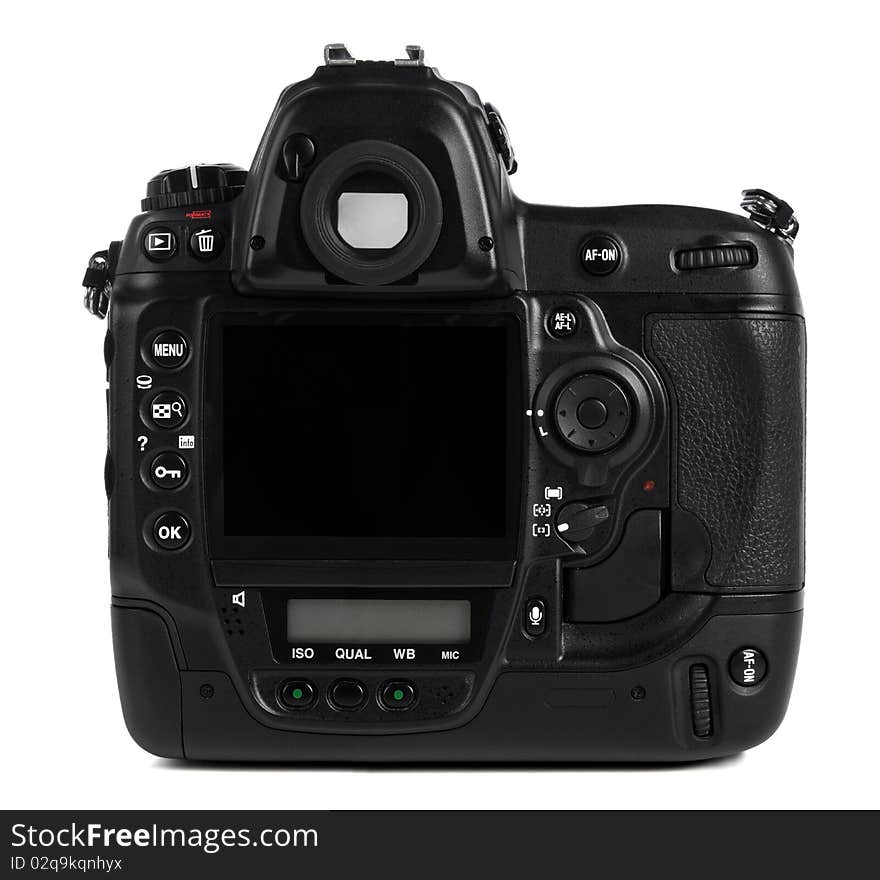 Back of professional digital camera isolated over white background