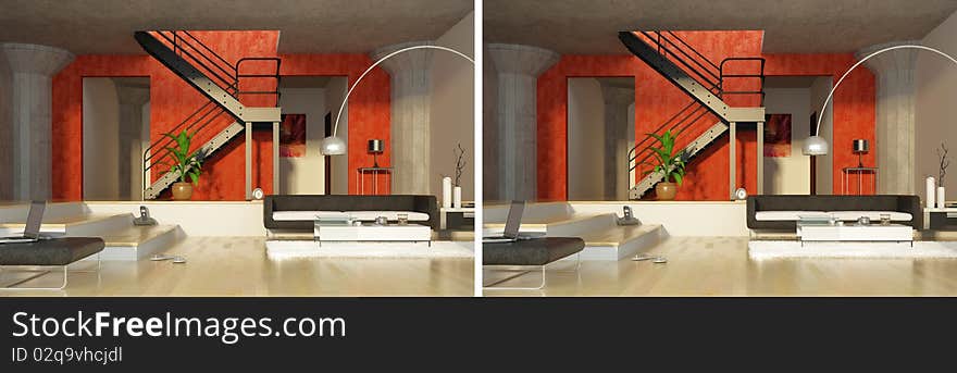 Modern interior left/right images for stereo technology. Modern interior left/right images for stereo technology