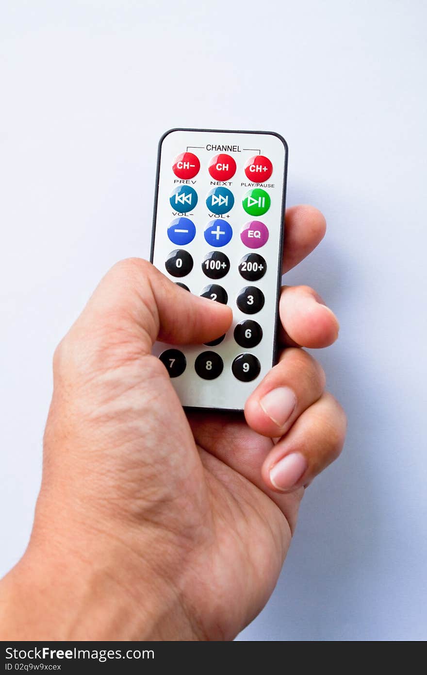 Hand holding television remote Isolated over white background