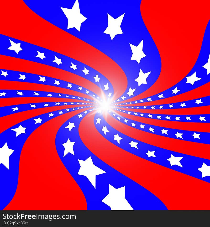 Red and blue background swirling forward with white stars flowing out from the bright center. Red and blue background swirling forward with white stars flowing out from the bright center