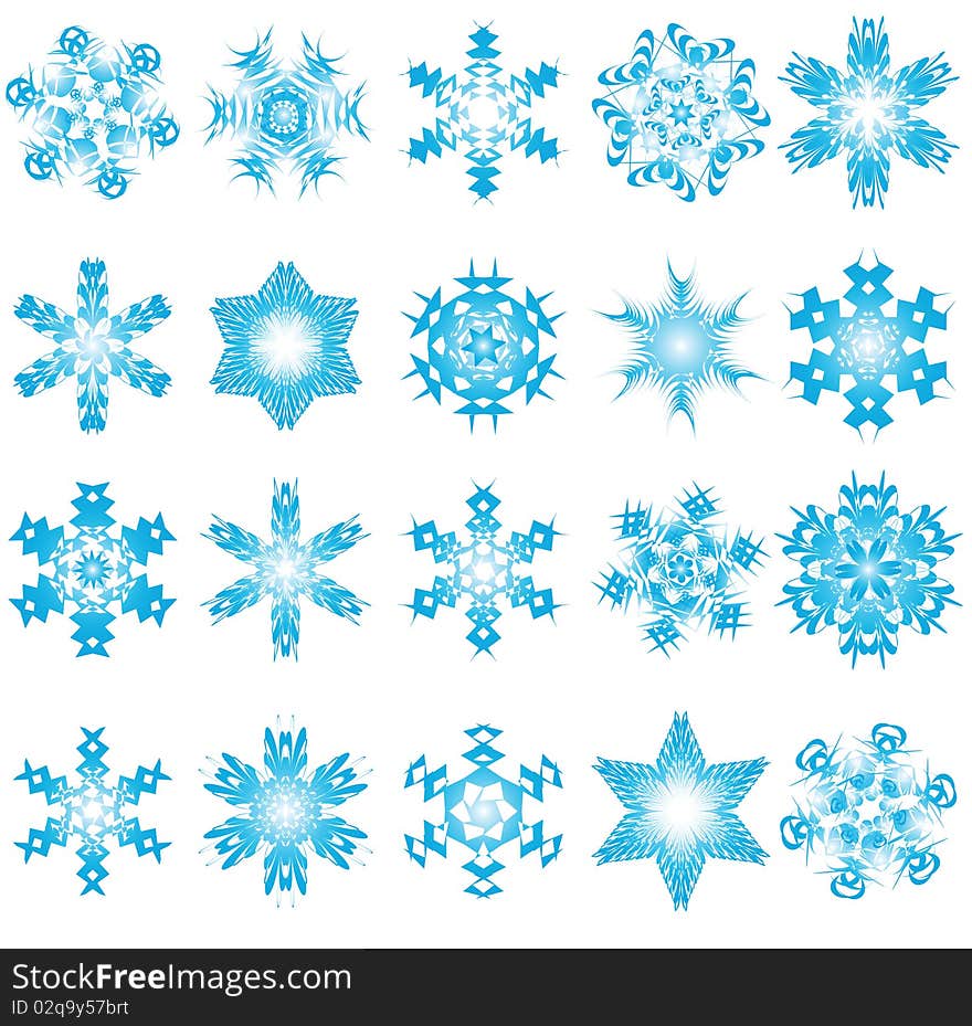 Twenty blue snowflakes on a white background