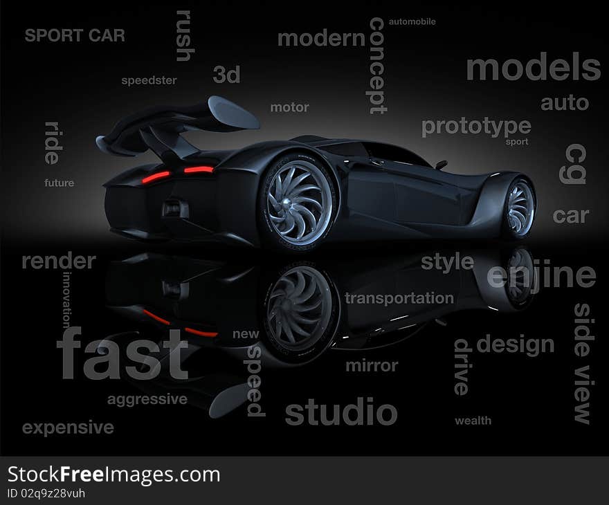 Studio render sport concept car side view text. Studio render sport concept car side view text