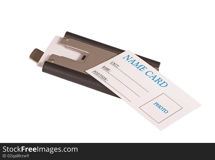 White name card on metallic business card holder