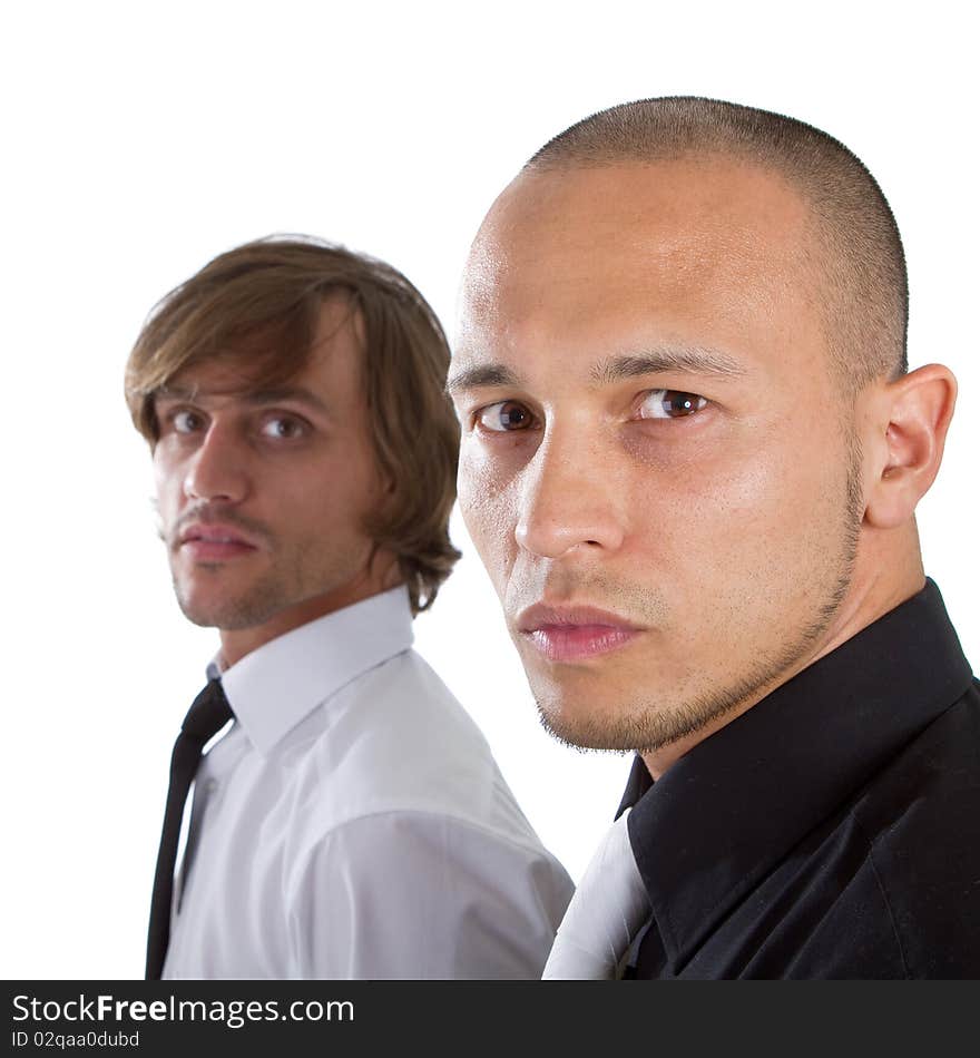 Two young businessman - one asian and one caucasian isolated over white background. Two young businessman - one asian and one caucasian isolated over white background.