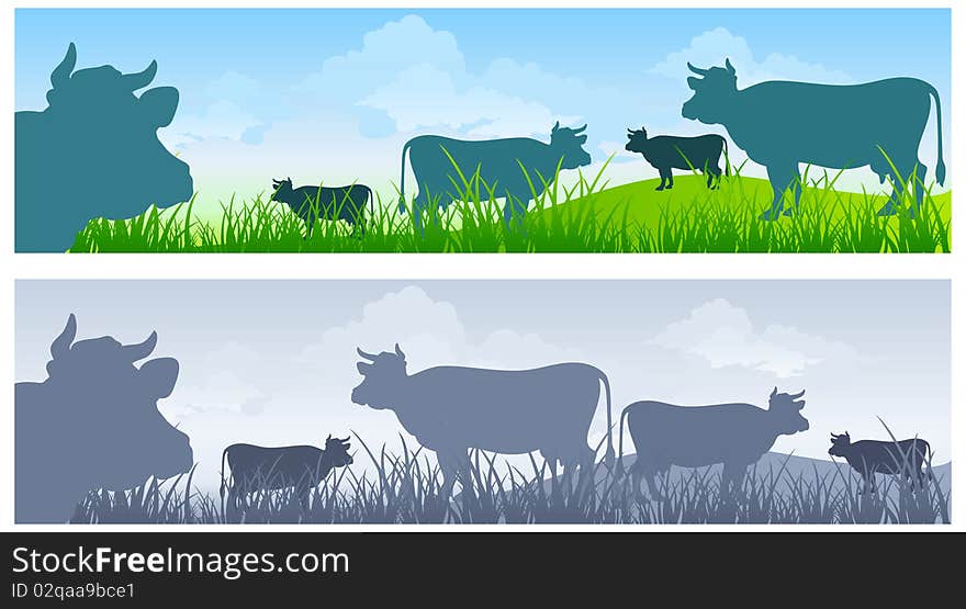 Monochrome cow silhouettes on green grass pasture over blue sky. Monochrome cow silhouettes on green grass pasture over blue sky