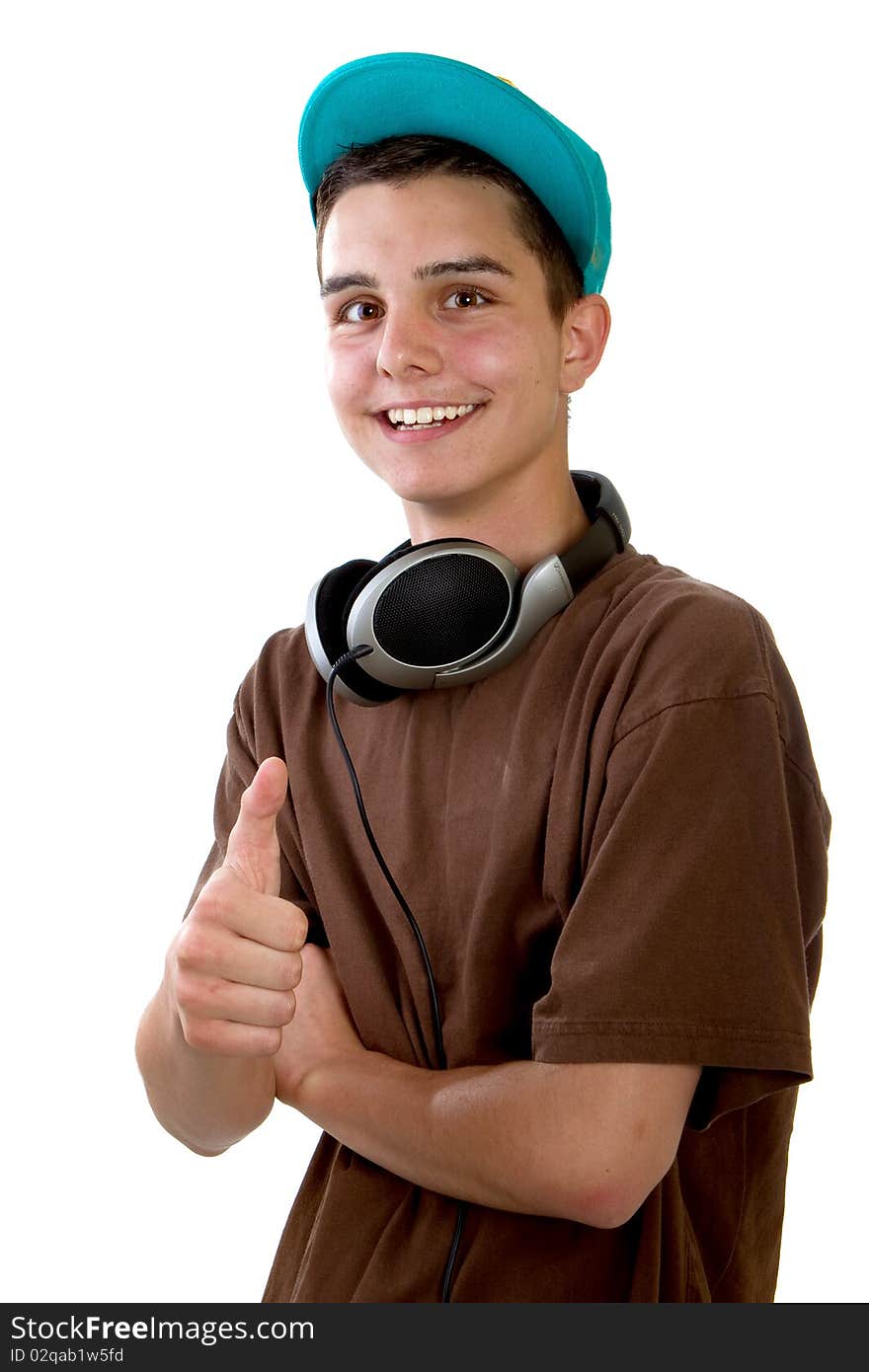 Young fresh teenager is posing with a thumb up sign. Isolated over white. Young fresh teenager is posing with a thumb up sign. Isolated over white.