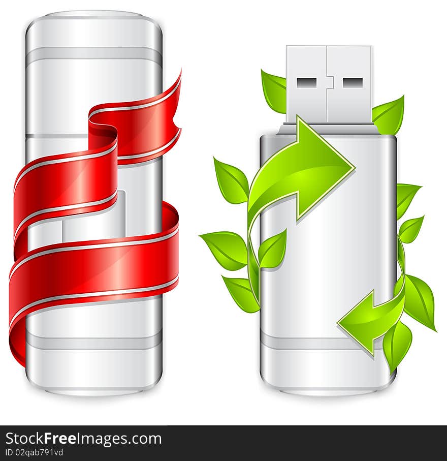 Two usb flash drive with green arrow and red ribbon, illustration. Two usb flash drive with green arrow and red ribbon, illustration