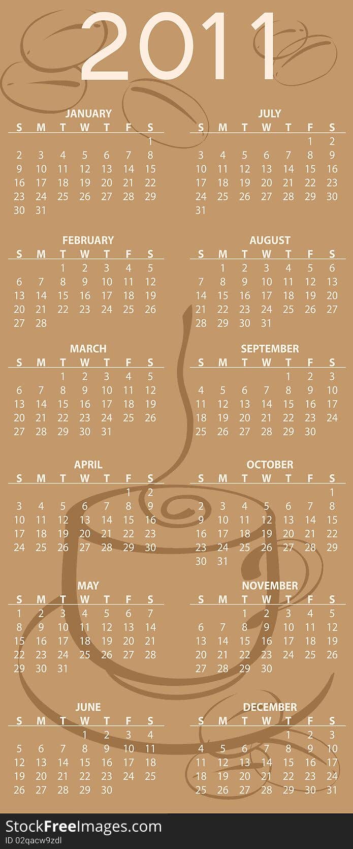 Vector Illustration of coffee style design Calendar for 2011