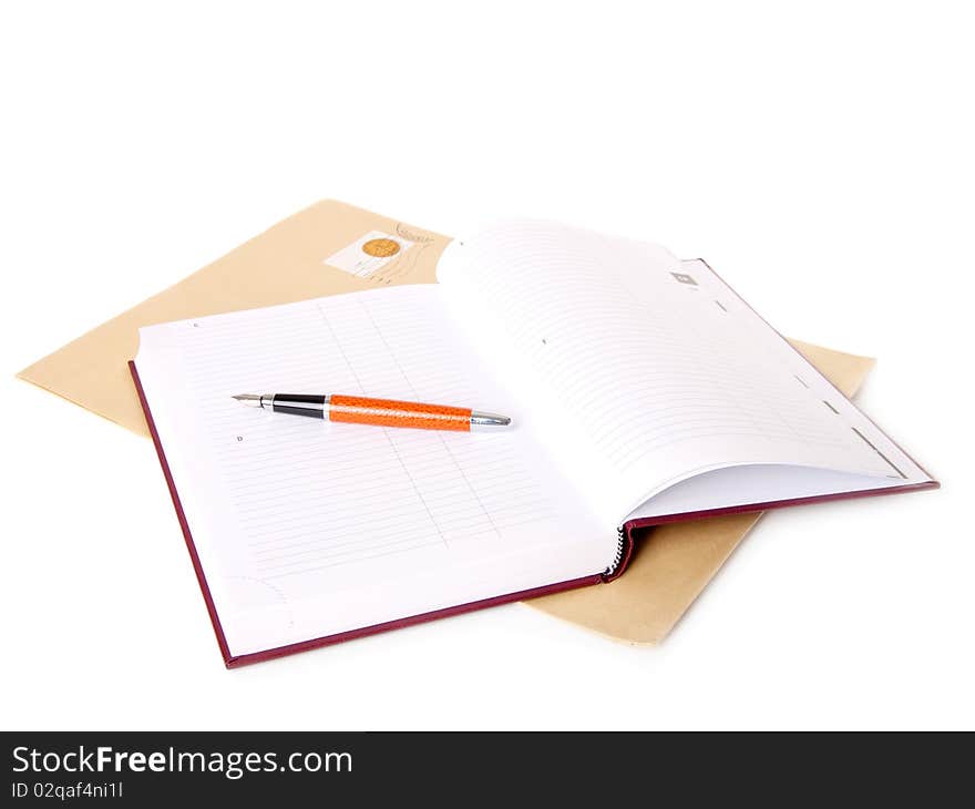 Notes block, cover and pen, isolated on a white background