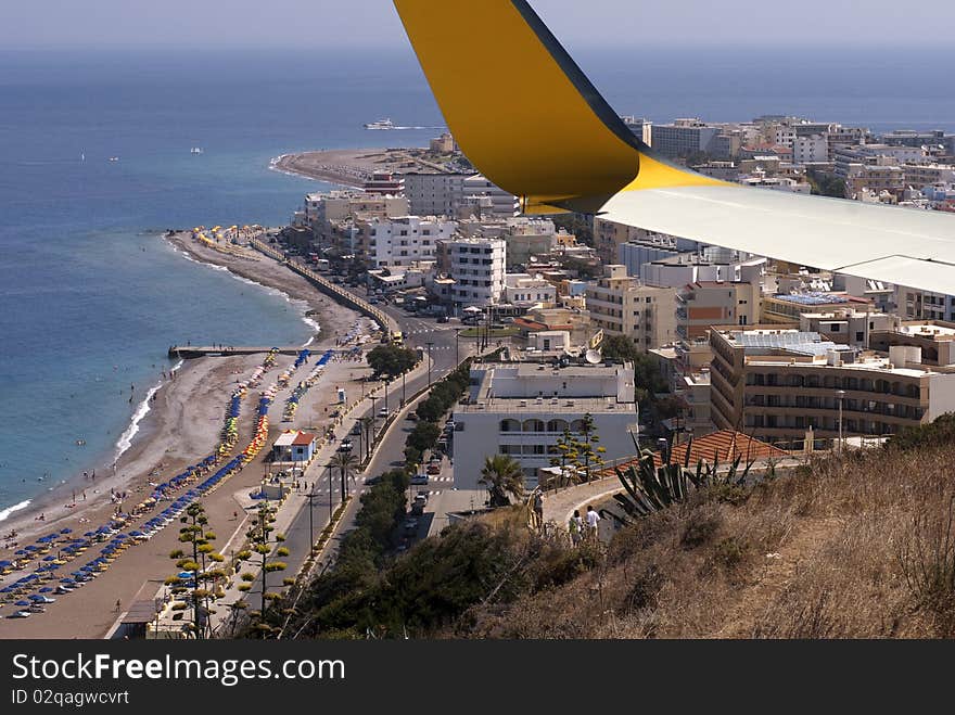 Summer view over Rhodes Town from airplane. Summer view over Rhodes Town from airplane.