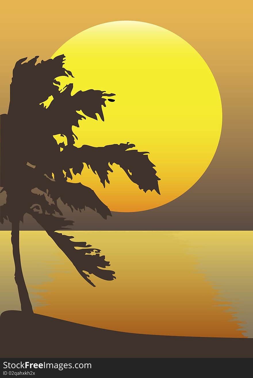 A silhouette of palm on a yellow sunset