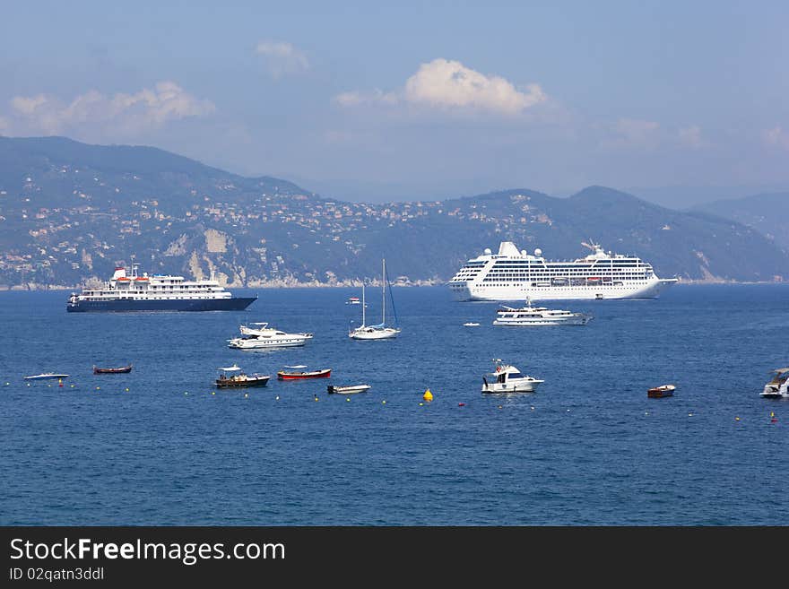 A ship in the harbour of portofino. A ship in the harbour of portofino