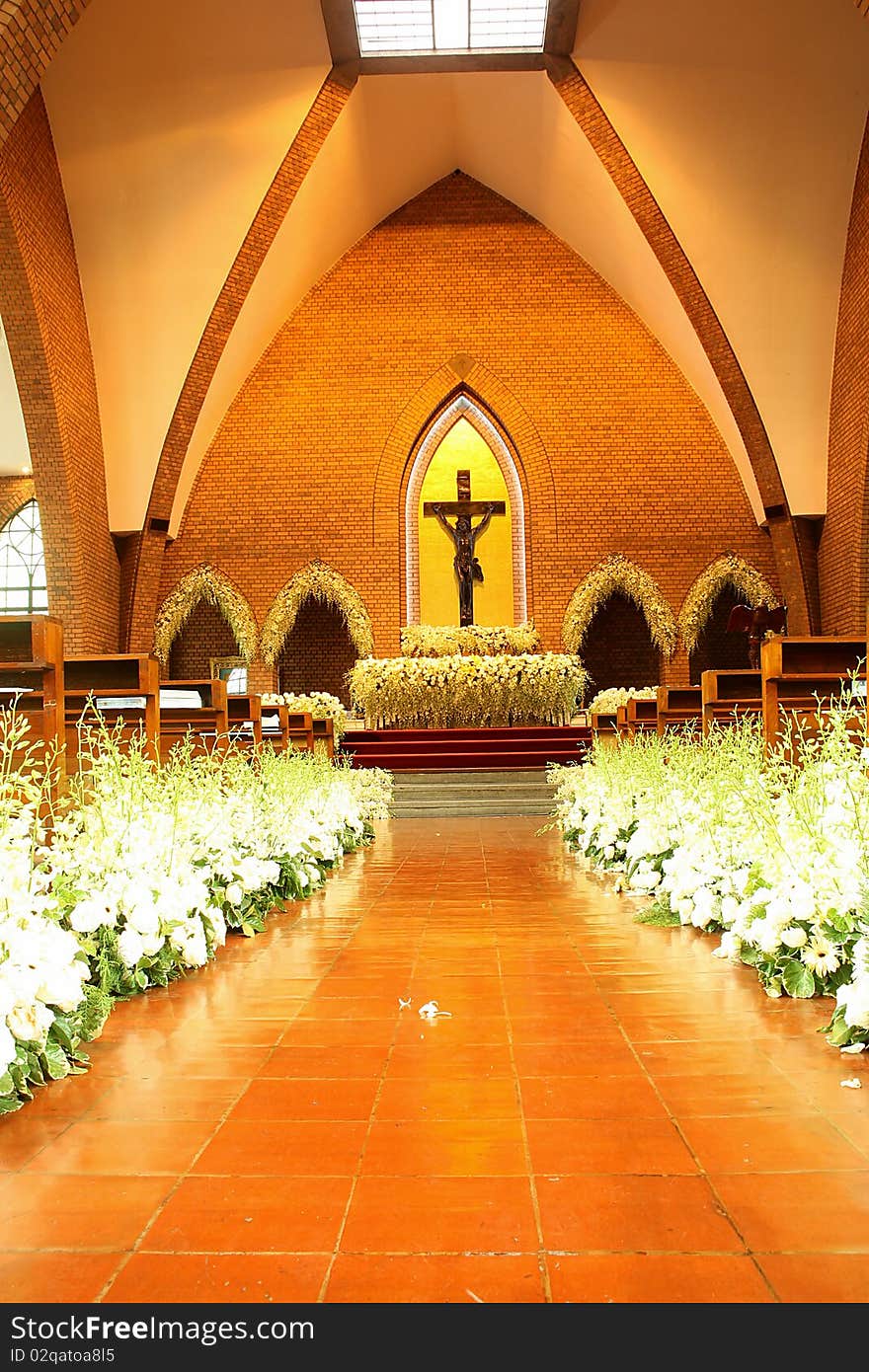 The white  flower decorated it's in the Sense Louis catholic church at Bangkok city. The white  flower decorated it's in the Sense Louis catholic church at Bangkok city.